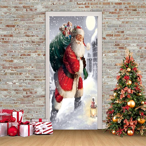 

adesivos 3d de natal adesivos de porta à prova d'água adesivos de porta de natal mural descasca papel de parede autoadesivo adesivo de pvc decalque de parede removível para decoração de escritório