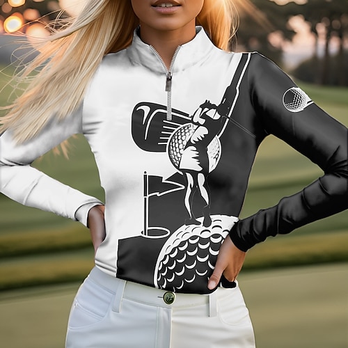 

Women's Polo Shirt Golf Shirt Breathable Quick Dry Moisture Wicking Long Sleeve Golf Apparel Golf Clothes Regular Fit Zipper Stand Collar Stripes Spring Autumn Tennis Golf Pickleball