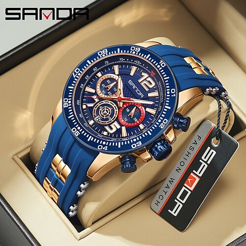 

SANDA Men Quartz Watch Fashion Casual Business Wristwatch Luminous Calendar Chronograph Waterproof Silicone Strap Watch