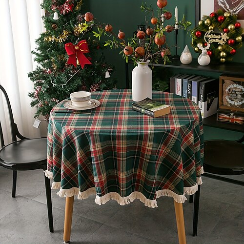 

Toalha de mesa de natal, toalha de mesa redonda vintage de linho de algodão, toalha de mesa pastoral floral, capa de mesa lavável para ambientes internos e externos, decoração de fazenda, piquenique