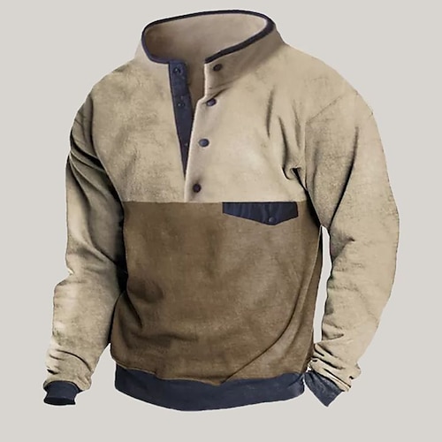 

Homme Sweat shirt Kaki Henley Bloc de couleur Patchwork Sport Loisir du quotidien Vacances Rétro Vintage Vêtement de rue basique Printemps Automne Vêtement Tenue Pulls Capuche Pulls molletonnés