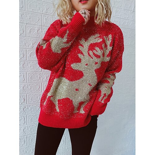 

pour femme pulls de Noël pull pull col rond gros tricot polyester broderie printemps automne hiver régulier Noël quotidien nouvel an mode mignon quotidien manches longues élan rouge s m l