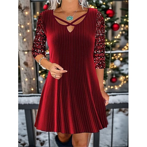 

Women's Velvet Dress Strappy Neckline Sequin Half Sleeve Burgundy Pleated Textured Fit and Flare Holiday Party Evening Elegant Winter Fashion