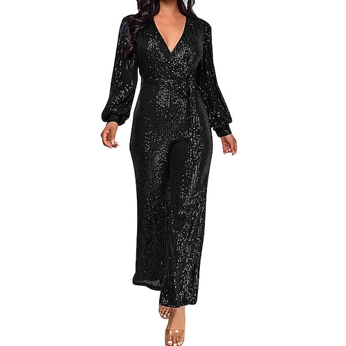 

Women's Jumpsuit Lace up Patchwork Sparkly Solid Color V Neck Party Street Regular Fit Long Sleeve claret Champagne Gold Silver white S M L Fall