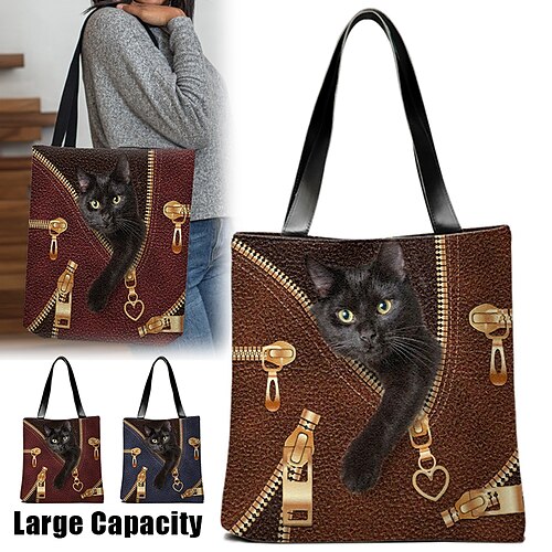 

Women's Tote Shoulder Bag Fluffy Bag Polyester Shopping Daily Holiday Print Large Capacity Lightweight Durable Cat Dark Red Blue Coffee