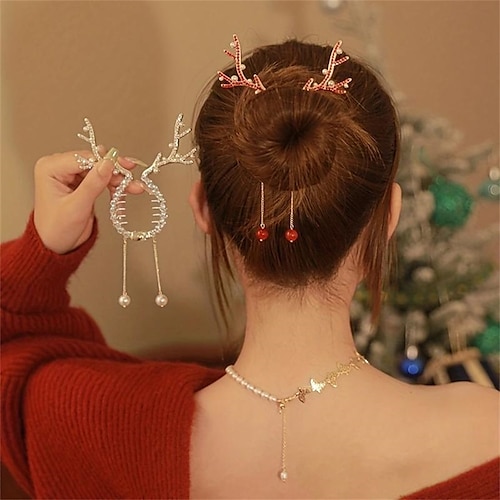 

Women's New Light Luxury Christmas Deer Horn Ball Head Plate Hair Clasp Clip Women's Horsetail Clasp Fashion Hair Clip Tassel Headwear Hair Accessories