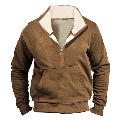 

Men's Sweatshirt Quarter Zip Sweatshirt Brown Standing Collar Plain Pocket Sports Outdoor Daily Holiday Vintage Basic Casual Spring Fall Clothing Apparel Hoodies Sweatshirts