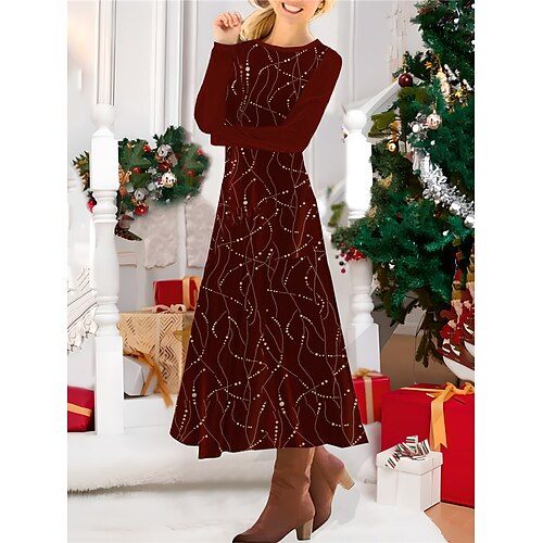 

Damen Lässiges Kleid Weihnachtskleid Winter Kleid Geometrisch Bedruckt Rundhalsausschnitt Midikleid Modisch Strassenmode Outdoor Weihnachten Langarm Schlank Schwarz Dunkelrot Blau Herbst Winter S M L