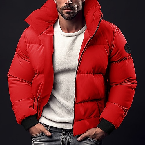 

Men's Winter Coat Winter Jacket Puffer Jacket Zipper Pocket Polyster Pocket Office & Career Date Casual Daily Regular Keep Warm Thermal Warm Windproof Outdoor Winter Solid / Plain Color Black Red