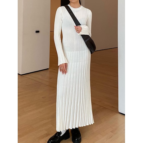 

Mujer Vestido de suéter Puente Estriado Tejer Largo Retazos Color sólido Cuello Barco Elegante Casual Diario Noche Otoño Invierno Negro Blanco S M L