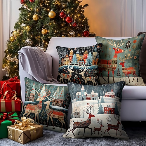 

Christmas Double Side Pillow Cover 4PC Scandinavian Folk Art Xmas Soft Decorative Square Cushion Case Pillowcase for Bedroom Livingroom Sofa Couch Chair