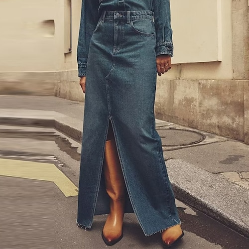 

Women's Skirt Long Skirt Denim Midi Blue Skirts Fall Winter Pocket Split Ends Fashion Casual Street Daily S M L