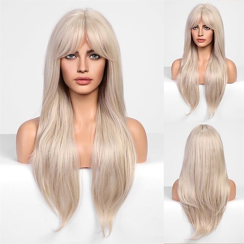 

perruque blonde avec frange de rideau longues perruques blondes platine pour femmes perruque synthétique droite naturelle pour un usage quotidien cosplay halloween