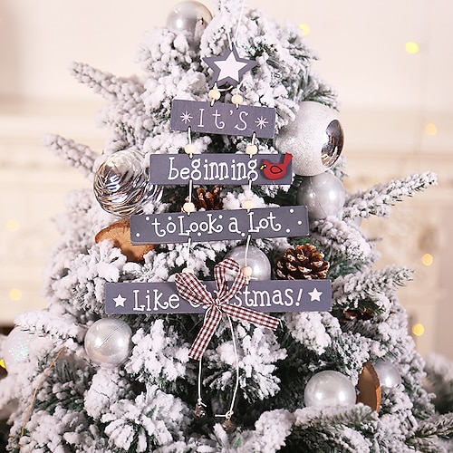 

Christmas Wood Pendant Tree Five-Pointed Star Letters Wooden Christmas Decorations Window Scene Layout.