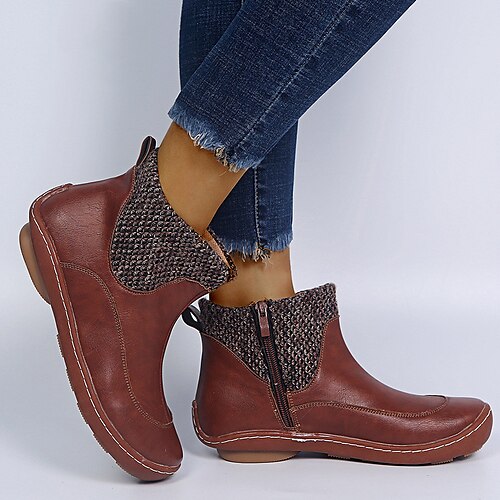 

Women's Boots Plus Size Outdoor Daily Booties Ankle Boots Flat Heel Round Toe Elegant Plush Casual PU Loafer Solid Color Red Brown Green