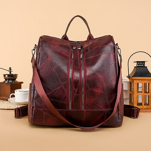 

Women's Backpack Functional Backpack School Traveling Solid Color PU Leather Large Capacity Zipper Wine Black Brown