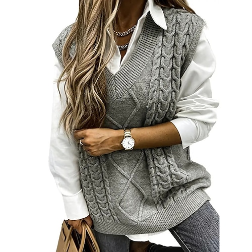 

Women's Sweater Vest V Neck Ribbed Cable Knit Acrylic Patchwork Fall Winter Regular Outdoor Daily Going out Stylish Casual Soft Sleeveless Solid Color Black Wine Navy Blue S M L