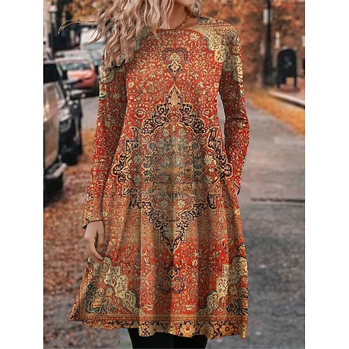 

Mujer Vestimenta casual Vestido de invierno Vestido estilo camiseta Floral Bloque de color Bolsillo Estampado Cuello Barco Vestido Midi Vintage Étnico Exterior Diario Manga Larga Ajuste regular