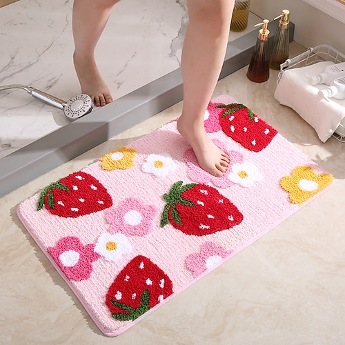 

1 alfombra de baño con estampado de flores de fresa, suave y antideslizante, alfombra absorbente para puerta de entrada, alfombra de ducha para el baño del hogar, accesorios de baño, regalo para