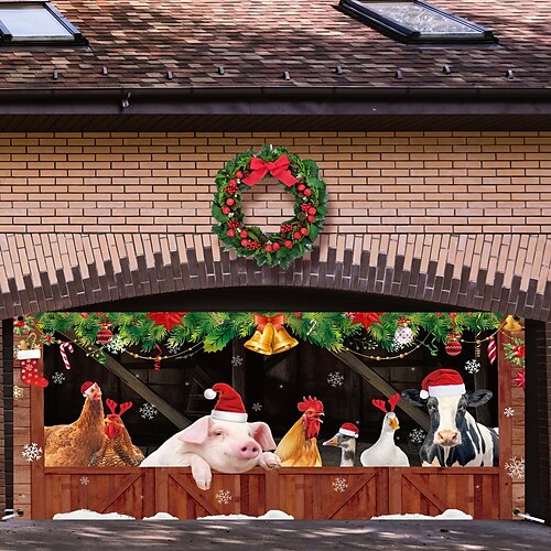 

Christmas Outdoor Garage Door Cover Xmas Banner Farmhouse Animals Atmosphere Large Christmas Backdrop Decoration Deer Door Cover Decoration for Christmas Holiday Outdoor Garage Door Wall Decorations