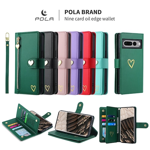 

telefone Capinha Para Google Pixel 8 Pro Pixel 7 Pixel 6 Pro Capa para Cartão Wallet Zíper com pulseira Pata de Apoio Côr Sólida Coração TPU Couro PU