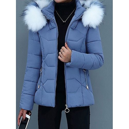 

Women's Parka Cropped Puffer Jacket Winter Coat Zip up Hooded Coat with Removable Fur Collar Thermal Warm Heated Coat Fall Outerwear with Pockets Warm Classic Long Sleeve Blue