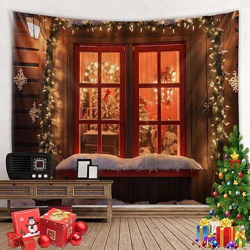 

Navidad chimenea ventana colgante tapiz Navidad arte de la pared gran tapiz mural decoración fotografía telón de fondo manta cortina hogar dormitorio sala de estar decoración