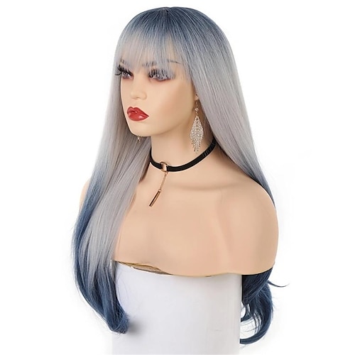 

perruques synthétiques longues et droites bleu ombre avec frange faux cheveux naturels pour le quotidien de Noël Halloween cosplay fête perruques synthétiques pour femmes cheveux synthétiques de