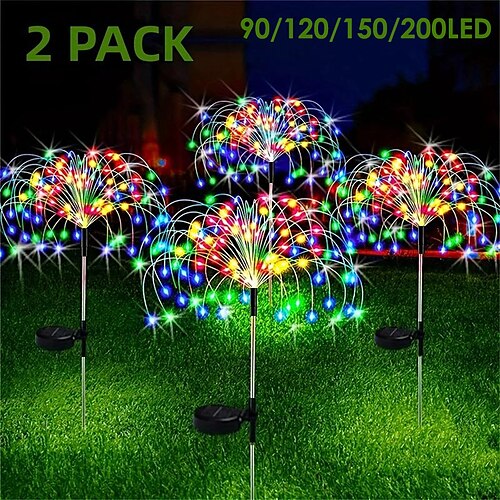 

2 paquetes de luces solares de fuegos artificiales para exteriores, luces solares impermeables IP65 para flores de jardín, con 8 modos de iluminación, luces decorativas de hadas, con estaca para