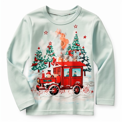 

Natal Para Meninos 3D Trem Camiseta Camisa Manga Longa Impressão 3D Outono Inverno Esportes Moda Roupa de rua Poliéster Infantil 3-12 anos Gola Redonda Ao ar livre Casual Diário Normal