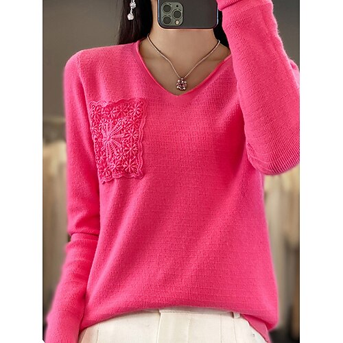 

Women's Pullover Sweater Jumper V Neck Ribbed Knit Polyester Lace Knitted Fall Winter Regular Outdoor Daily Holiday Fashion Streetwear Casual Long Sleeve Solid Color Black White Light Green S M L