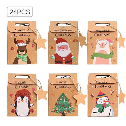 

coffret cadeau de noël 24 pièces boîte cadeau en papier kraft de noël pour bonbons biscuits friandises père noël bonhomme de neige élan conception d'arbre de noël sac de papier d'emballage de vacances