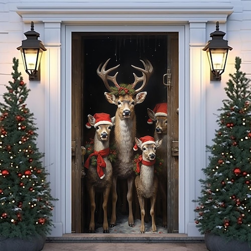 

Рождественские дверные покрытия с оленями, дверные гобелены, дверные занавески, украшения, Рождественский фон, дверной баннер для входной двери, рождественский праздник, вечеринка, декор,