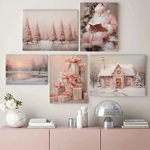 

Weihnachts-Wandkunst auf Leinwand, rosa Weihnachtsdrucke und -poster, Bilder, dekorative Stoffmalerei für Wohnzimmer, Bilder ohne Rahmen