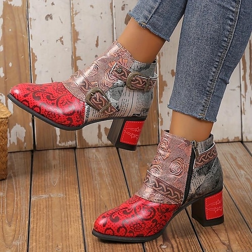 

Mujer Botas Tallas Grandes Exterior Diario Floral Bloque de color Botines Botines Invierno Hebilla Tacón Cuadrado Dedo redondo Moda Confort PU Cremallera Rojo