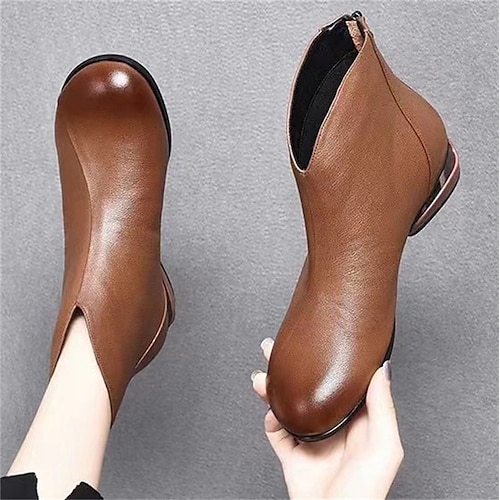 

Mulheres Botas Tamanhos Grandes Sapatos vintage Ao ar livre Diário Botas Botas Tornozelo Salto de bloco Ponta Redonda Vintage Casual Conforto Couro Sintético zíper Côr Sólida Preto Marron