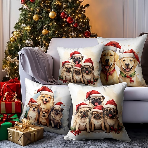 

Christmas Dogs Gifts Double Side Pillow Cover 4PC Xmas Soft Decorative Square Cushion Case Pillowcase for Bedroom Livingroom Sofa Couch Chair