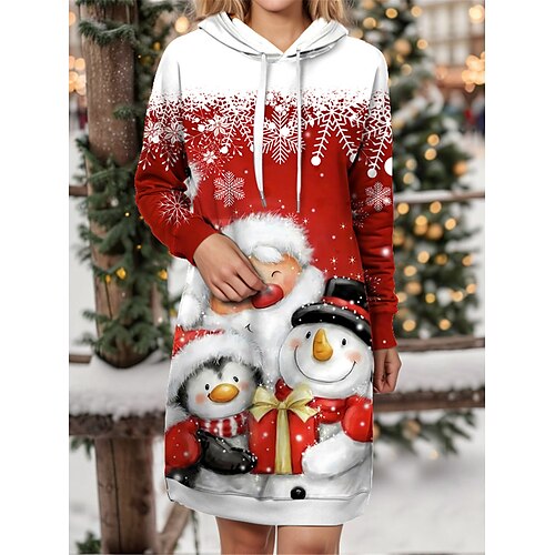 

Women's Red Christmas Dress Hoodie Dress Mini Dress Warm Fashion Outdoor Christmas Holiday Hoodie Print Santa Claus Snowman Snowflake Loose Fit Yellow Wine Blue S M L XL XXL