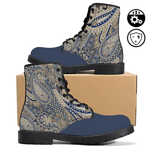 

Damen-Outdoor-Schnürstiefeletten aus blauem Kunstleder mit Paisley-Ethno-Grafikdruck, Retro-Stil, klassisch, lässig
