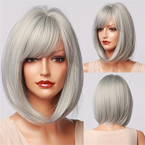 

Peluca sintética recta corta gris linda de 8 pulgadas para mujer, pelucas de repuesto de cabello de aspecto natural a la moda para fiesta, cosplay, Halloween, uso diario