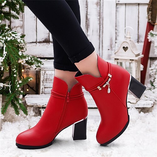 

Mujer Tacones Botas Tallas Grandes Botas de tacon Exterior Diario Botines Botines Invierno Tacón Cuadrado Dedo redondo Vintage Elegante Sensual PU Cremallera Color sólido Negro Rojo