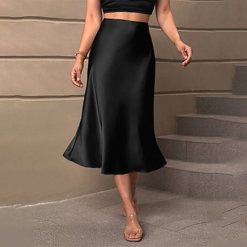 

Women's Skirt A Line Midi Satin Black Skirts Fall Winter Fashion Elegant Street Daily S M L