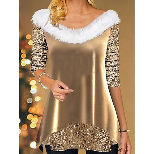 

Christmas Shirt Women's T shirt Tee Velvet Sparkly Khaki Sequins Long Sleeve Party Christmas Weekend Festival / Holiday Fur Collar V Neck Regular Fit Spring & Fall