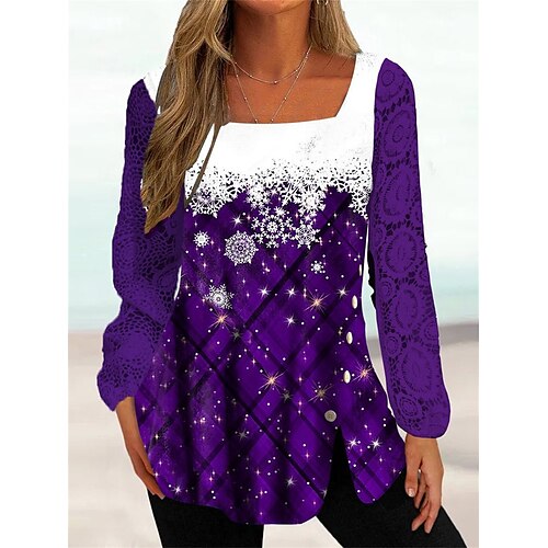 

Femme Chemisier Chemise de Noël Rouge Violet Plaid Motif de flocon de neige Dentelle Imprimer manche longue Soirée Noël Casual Fête / Célébration Col Carré Standard Printemps Automne