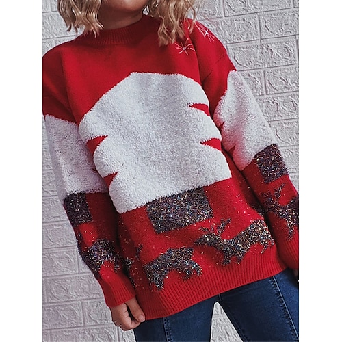 

Women's Ugly Christmas Sweater Pullover Sweater Jumper Crew Neck Ribbed Knit Polyester Patchwork Fall Winter Regular Outdoor Christmas Daily Stylish Casual Soft Long Sleeve Elk Christmas Tree Red