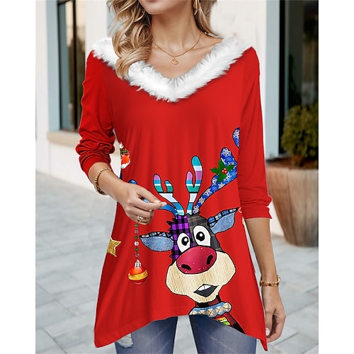 

Damen T Shirt Weihnachts-Shirt Rentier Schwarz Rote Blau Bedruckt Langarm Weihnachten Wochenende Fest / Feiertage Pelzkragen V Ausschnitt Regular Fit Frühling Herbst