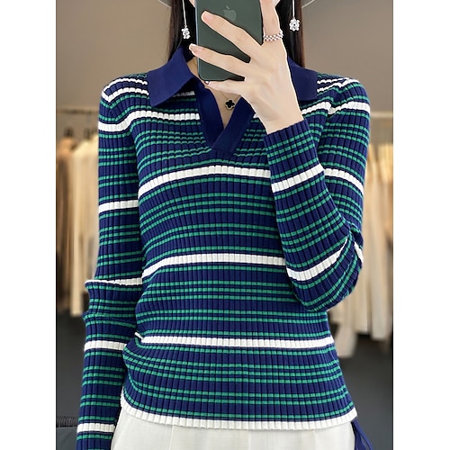 

Mulheres Pulôver suéter Decote V Estriado Tricotar Acrílico Patchwork Outono Inverno Padrão Ao ar livre Diário Para Noite à moda Casual Macia Manga Longa Bloco de cor Preto Azul Café M L XL