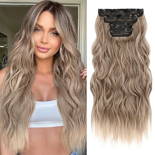 

Hair Extensions 4PCS Clip in Hair Extensions HE001 Natural Soft Synthetic Hairpieces for Women Dark Ash Blonde with Light Ends