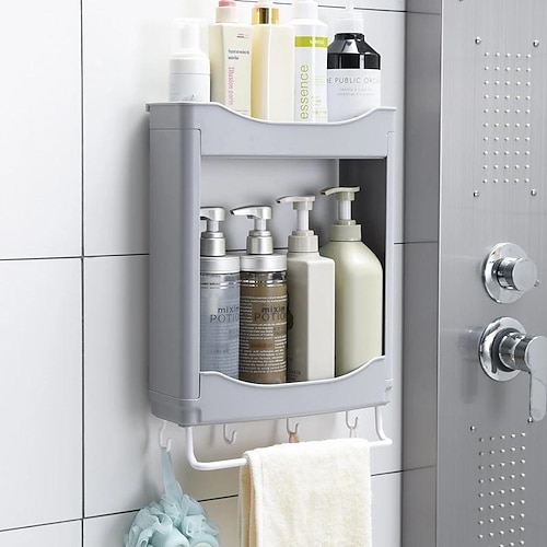 

Estante de almacenamiento para baño montado en la pared, estante colgante de plástico para baño, estantes de baño con ganchos, 1 ud. Toallero, carrito de ducha de baño de doble capa, organizador de