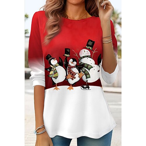 

Mulheres Camiseta Camisa de Natal Vermelho Azul Verde Boneco de Neve Imprimir Manga Longa Festa Natal Final de semana Festival / feriado Decote Redondo Normal Pintura Primavera Outono